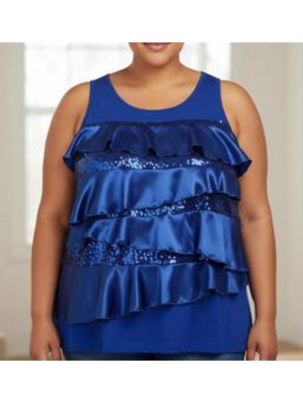 TOP BY Covington Bright Blue Sleeveless Ruffle and Sequin Top size XL